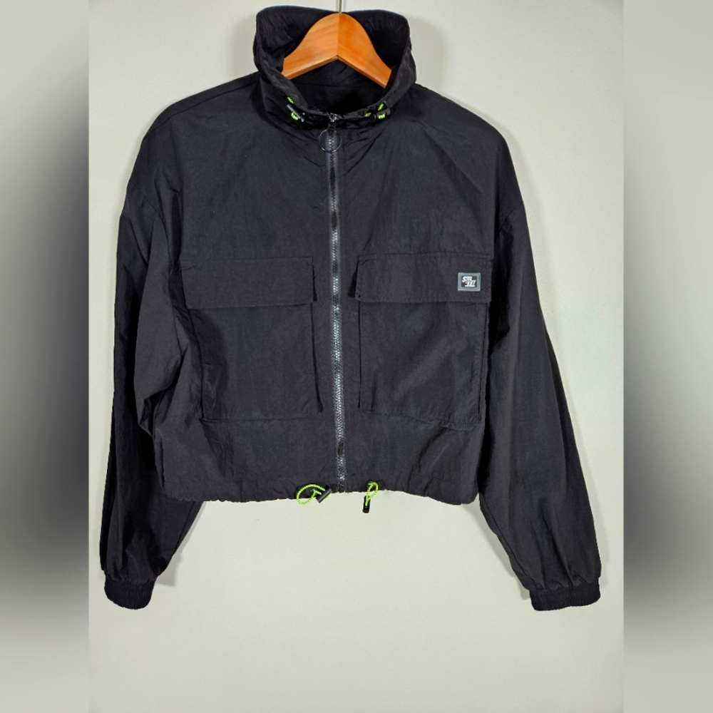 Stradivarius M black crop full zip adjustable waist "street" patch rain jacket